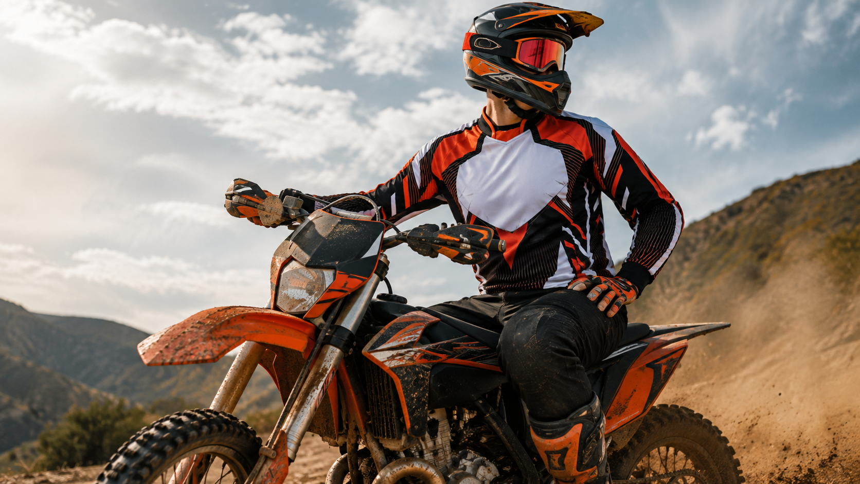 Downhill und Enduro Jersey mit individuellem Design Downhill- und Enduro-Fahrer mit individuell gestaltetem Jersey am Bike