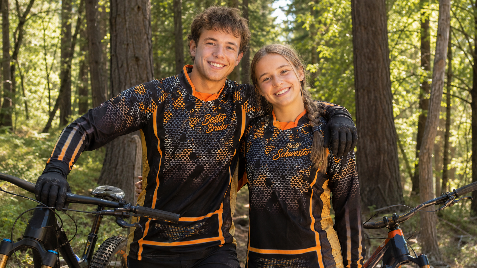 Individuelle MTB Jerseys in Orange und Schwarz Zwei Mountainbiker in orange-schwarzen personalisierten MTB Jerseys