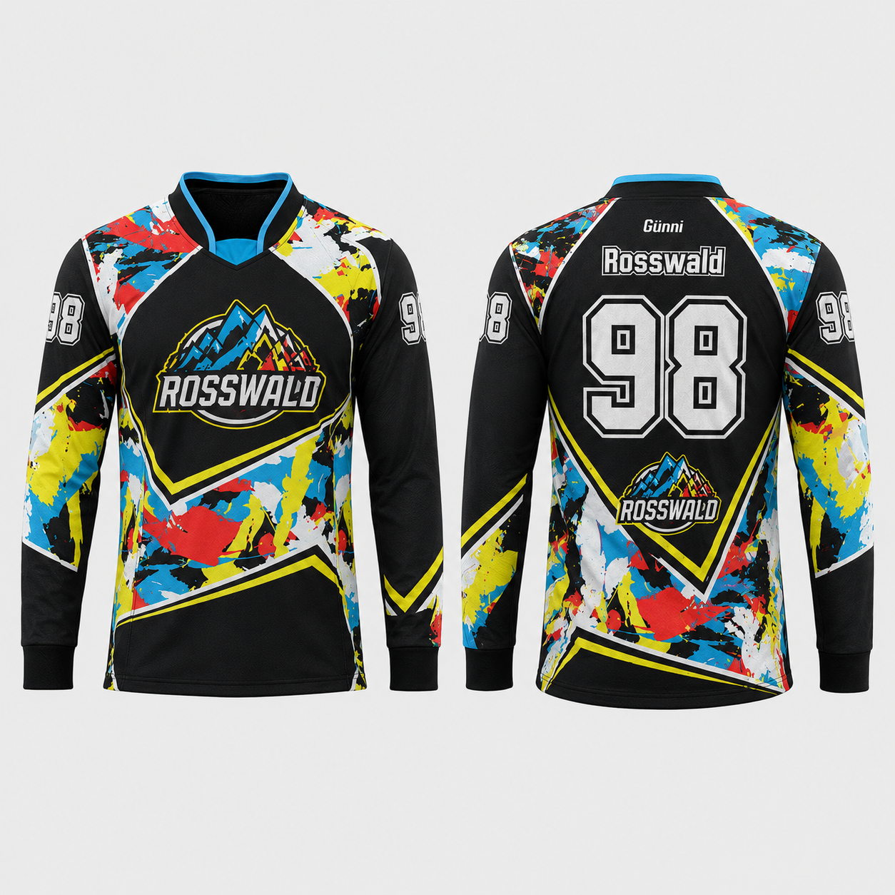 Personalisiertes Speedsoft Jersey Point Blank mit Günni Rosswald und Nummer 98 in Vorder- und Rückansicht