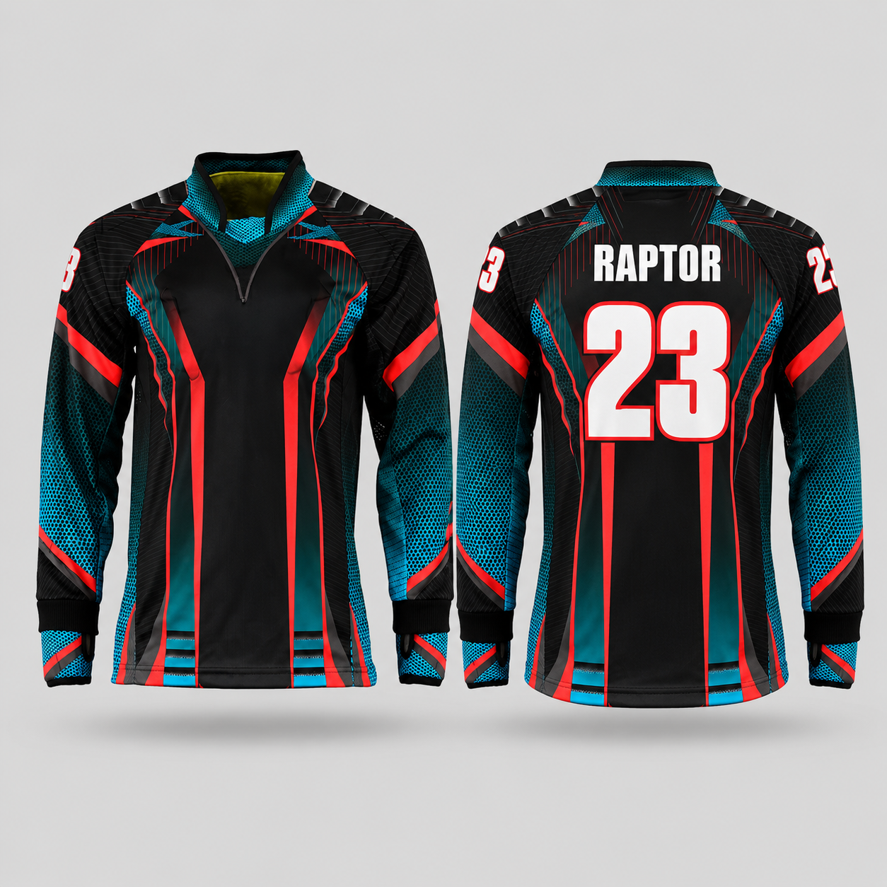 Personalisiertes Speedsoft Jersey Fireline in Vorder- und Rückansicht mit Raptor und Nummer 23