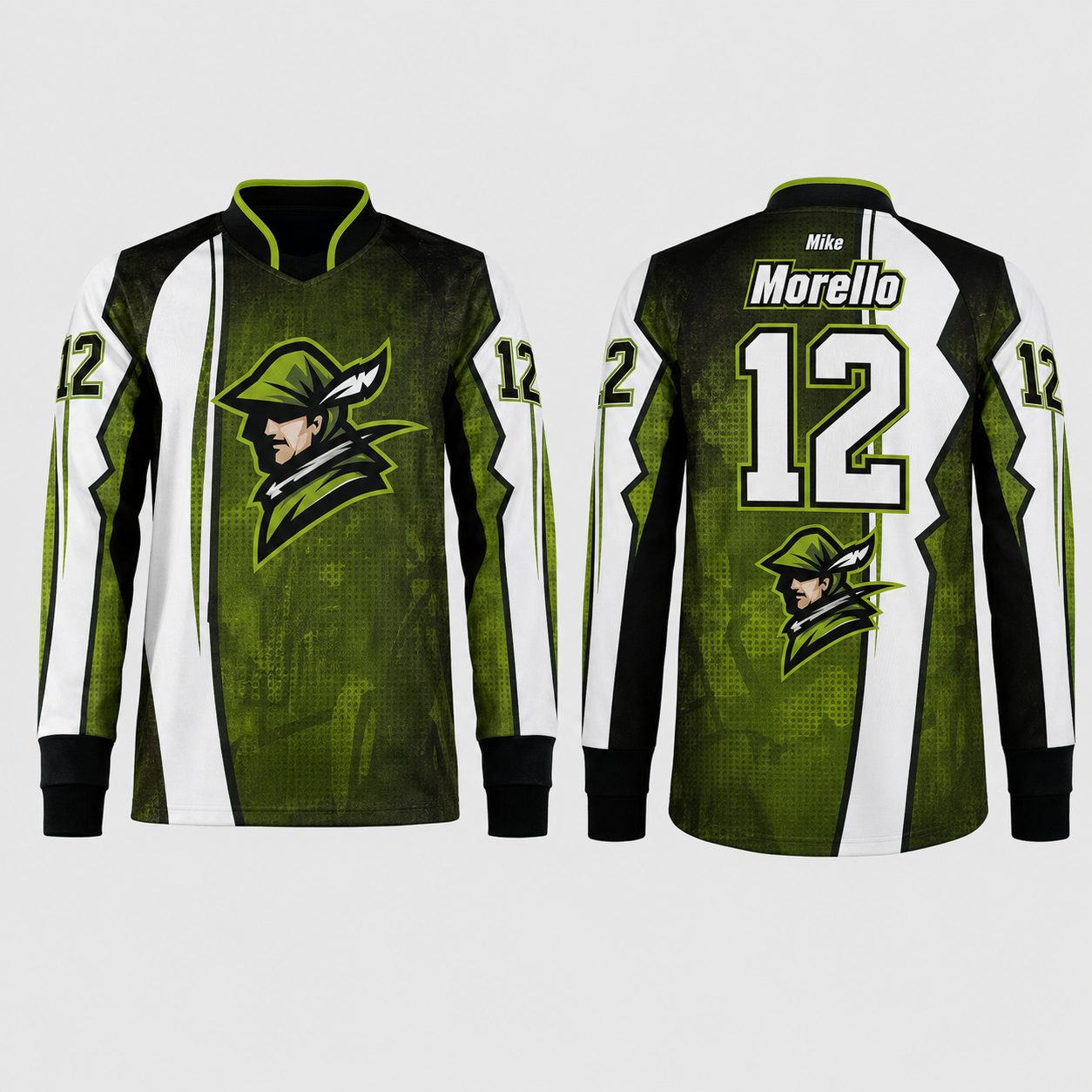 Personalisiertes Speedsoft Jersey Headshot in Grün, Weiß und Schwarz mit Mike Morello und Nummer 12